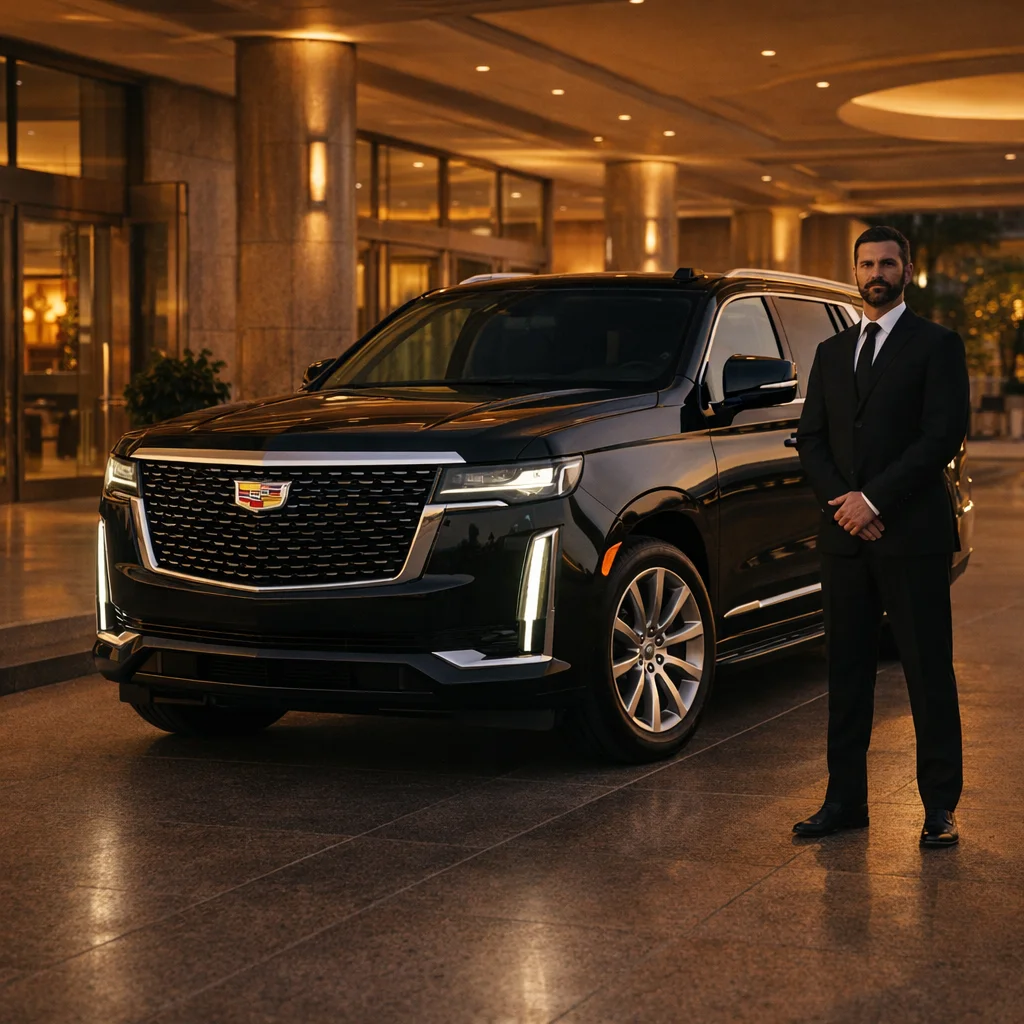MGCLS Cadillac Escalade chauffeur at Palm Springs resort hotel — Palm Springs car service from $390