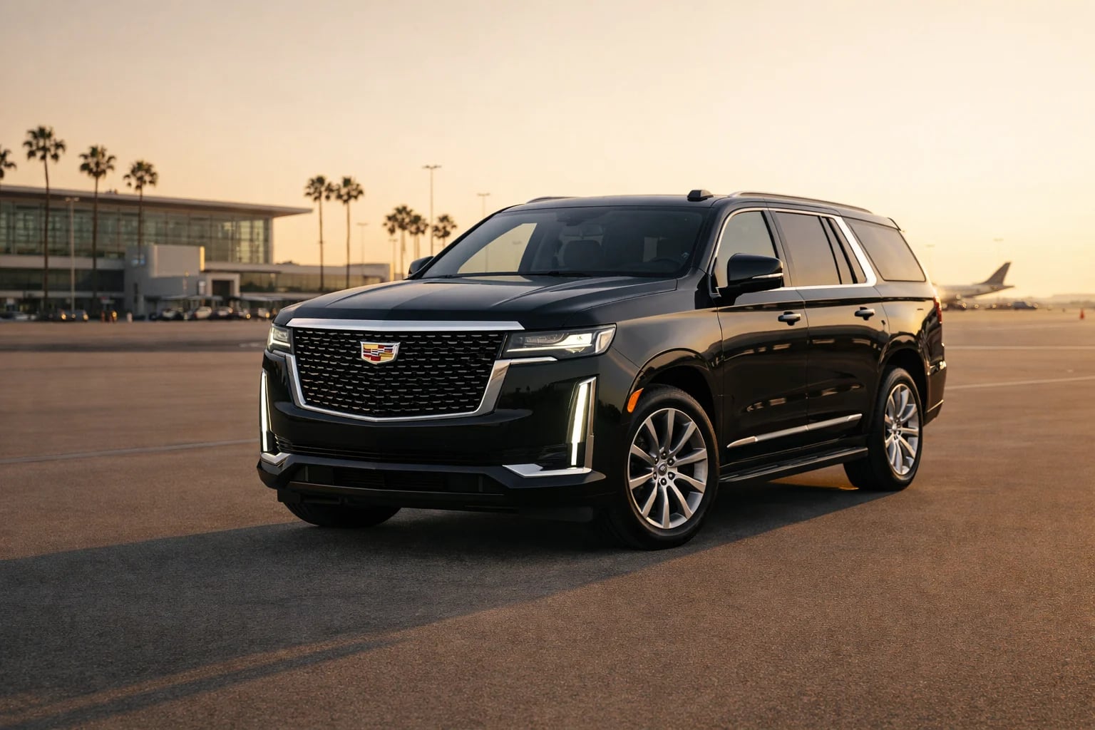MGCLS Cadillac Escalade chauffeur at coastal sunset — Santa Monica car service from $95