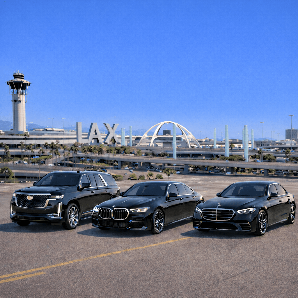 MGCLS luxury fleet — Cadillac Escalade, BMW 7 Series, Mercedes S-Class at LAX
