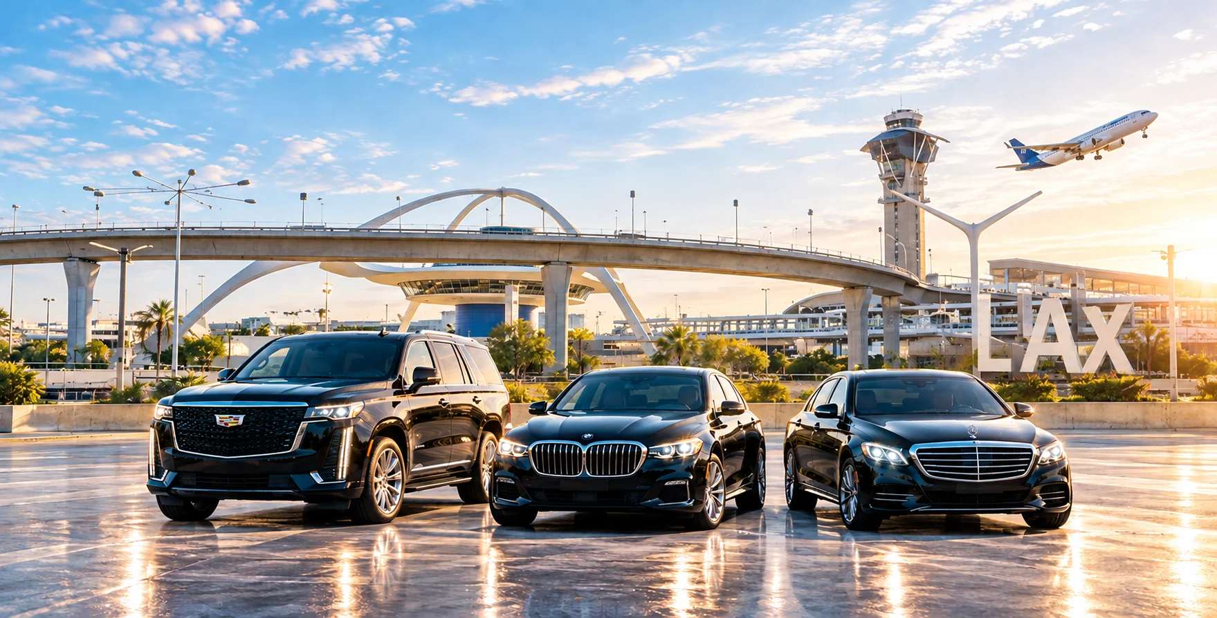 MGCLS luxury fleet — Cadillac Escalade, BMW 7 Series, Mercedes S-Class at LAX